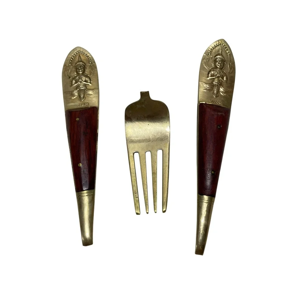 Vintage Fork / Stem‎ Pieces Buddha Ornate Brass Wood Pieces